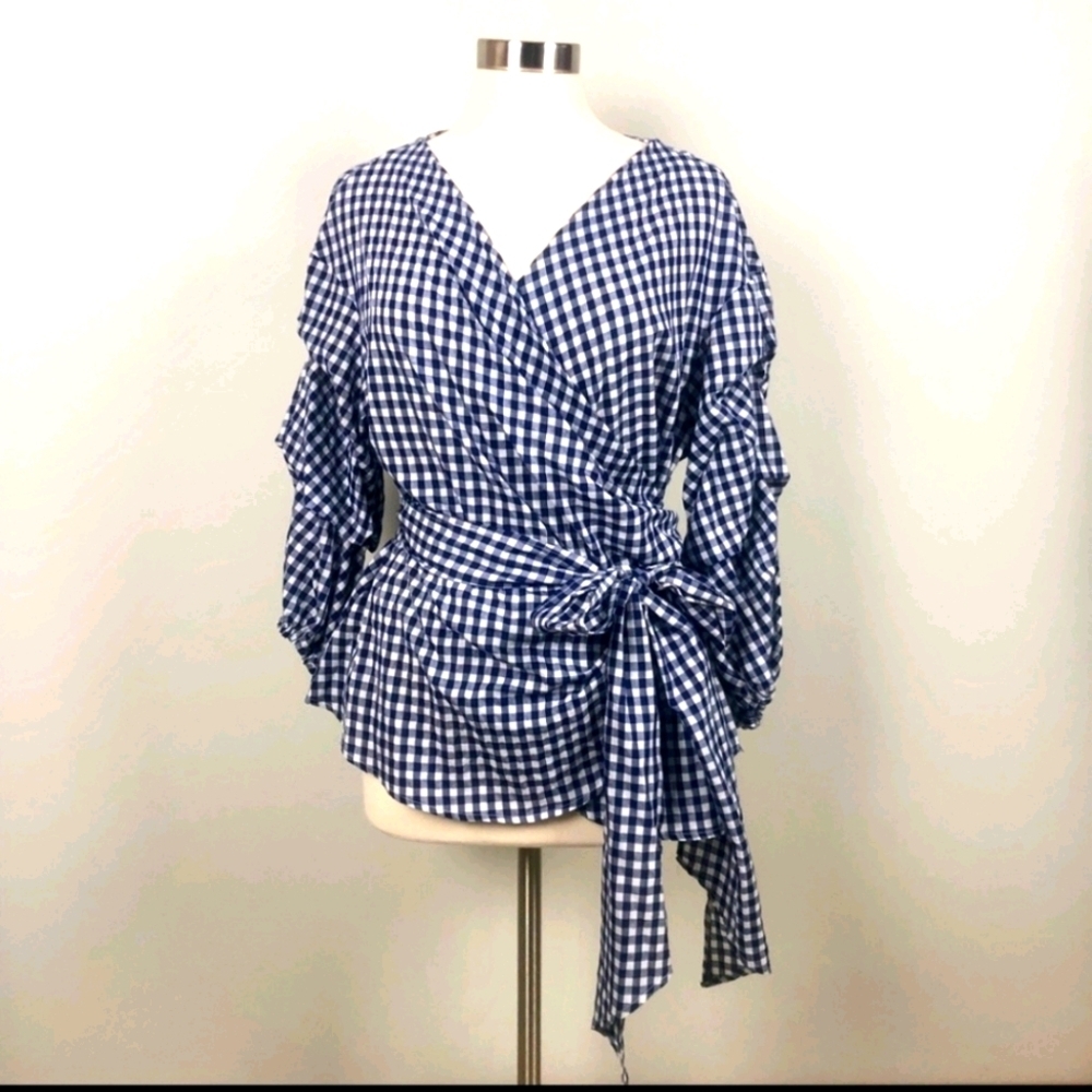 Fever Gingham Checkered Wrap Blouse